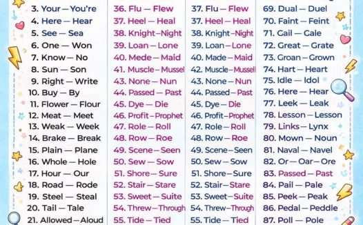 100 个英语同音词汇总海报｜Homophones 小学英语语法可打印 PDF