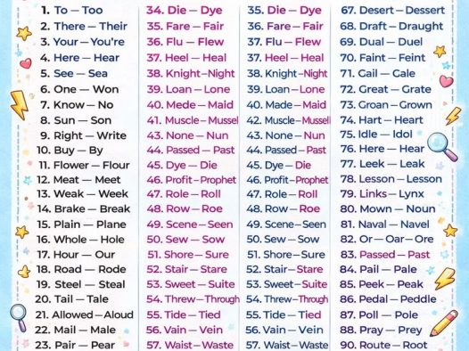 100 个英语同音词汇总海报｜Homophones 小学英语语法可打印 PDF