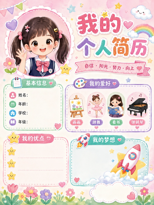 小学生「我的个人简历」手抄报｜粉萌女孩风可直接套用模板