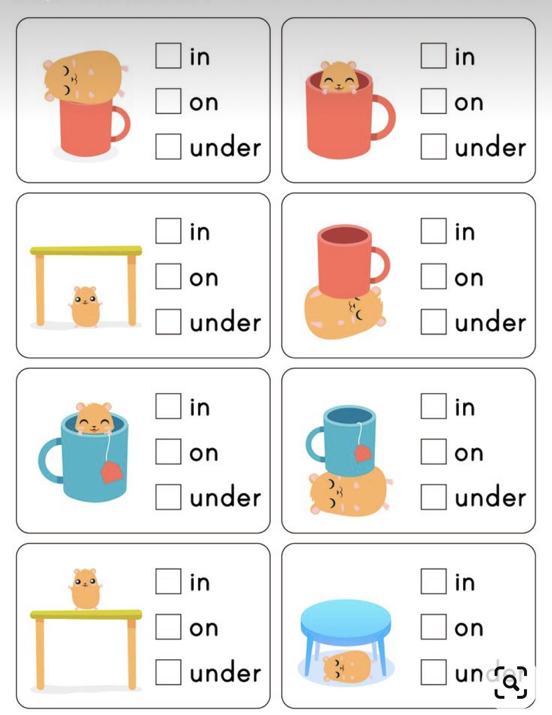 方位介词 in/on/under 专项练习|仓鼠主题趣味英语启蒙可打印 PDF