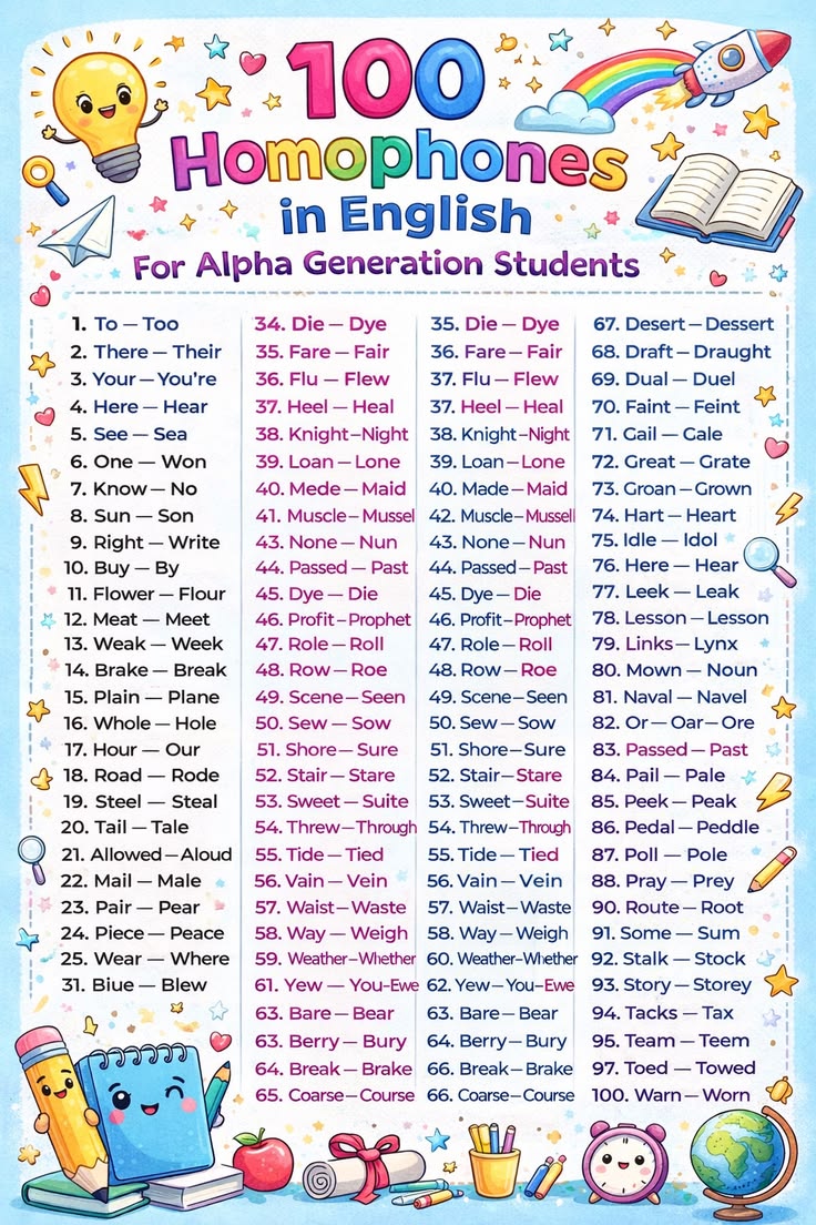 100 个英语同音词汇总海报|Homophones 小学英语语法可打印 PDF