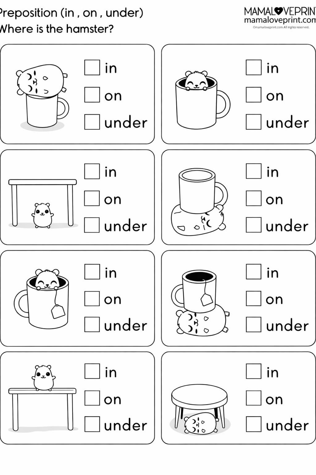 方位介词 in/on/under 趣味练习｜仓鼠主题英语启蒙可打印 PDF