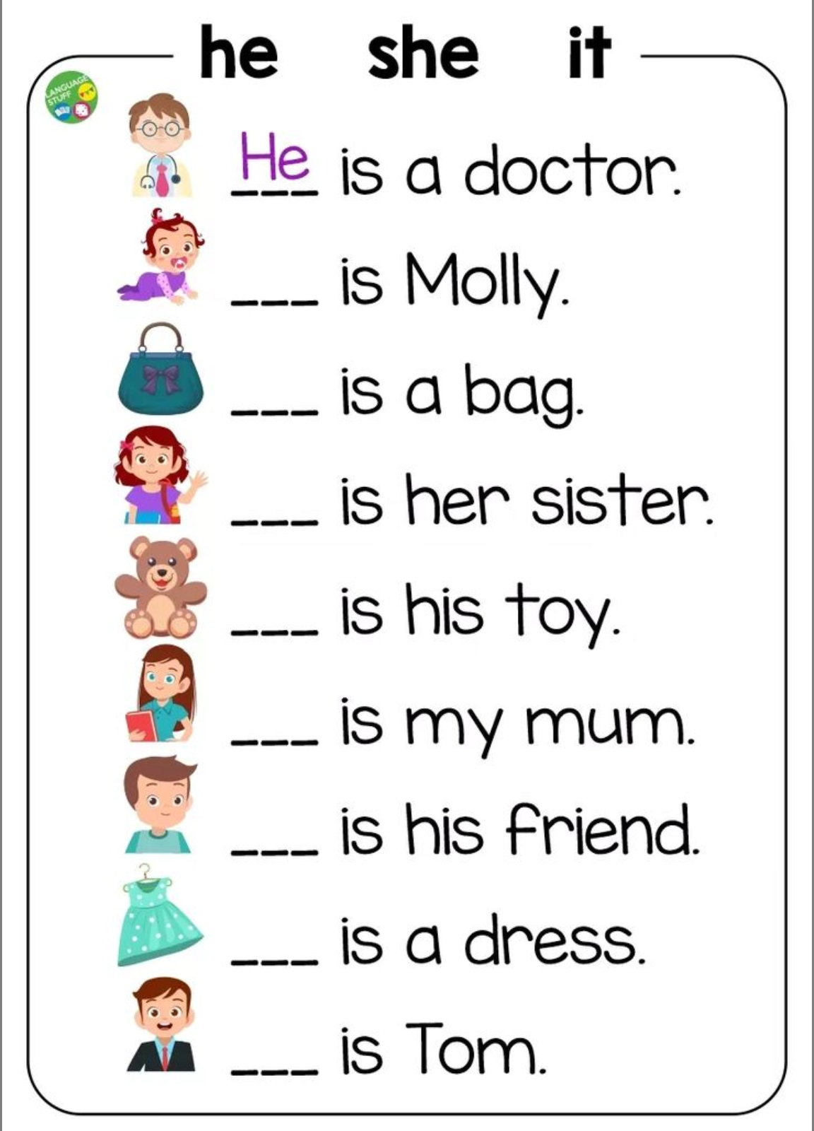 人称代词 He/She/It 填空练习｜小学英语语法启蒙可打印 PDF