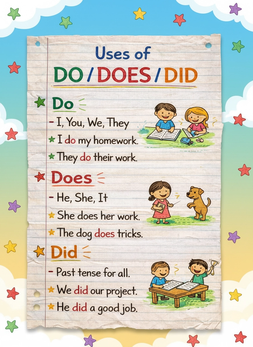 Do/Does/Did 小学英语语法海报｜可打印启蒙学习素材