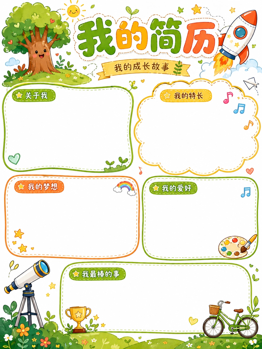 小学生「我的简历」成长手抄报|清新卡通风可直接填写模板