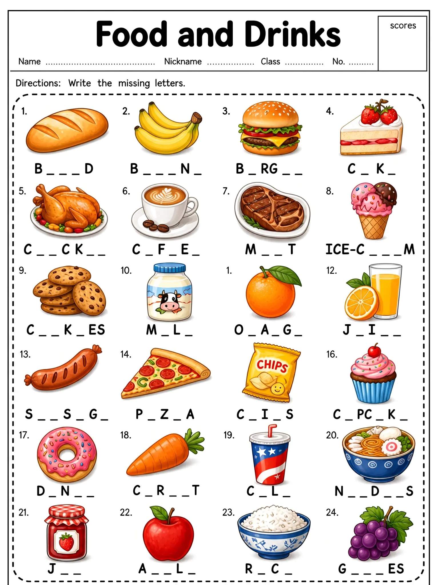 小学英语「Food and Drinks」食物主题单词填空练习｜可打印启蒙作业