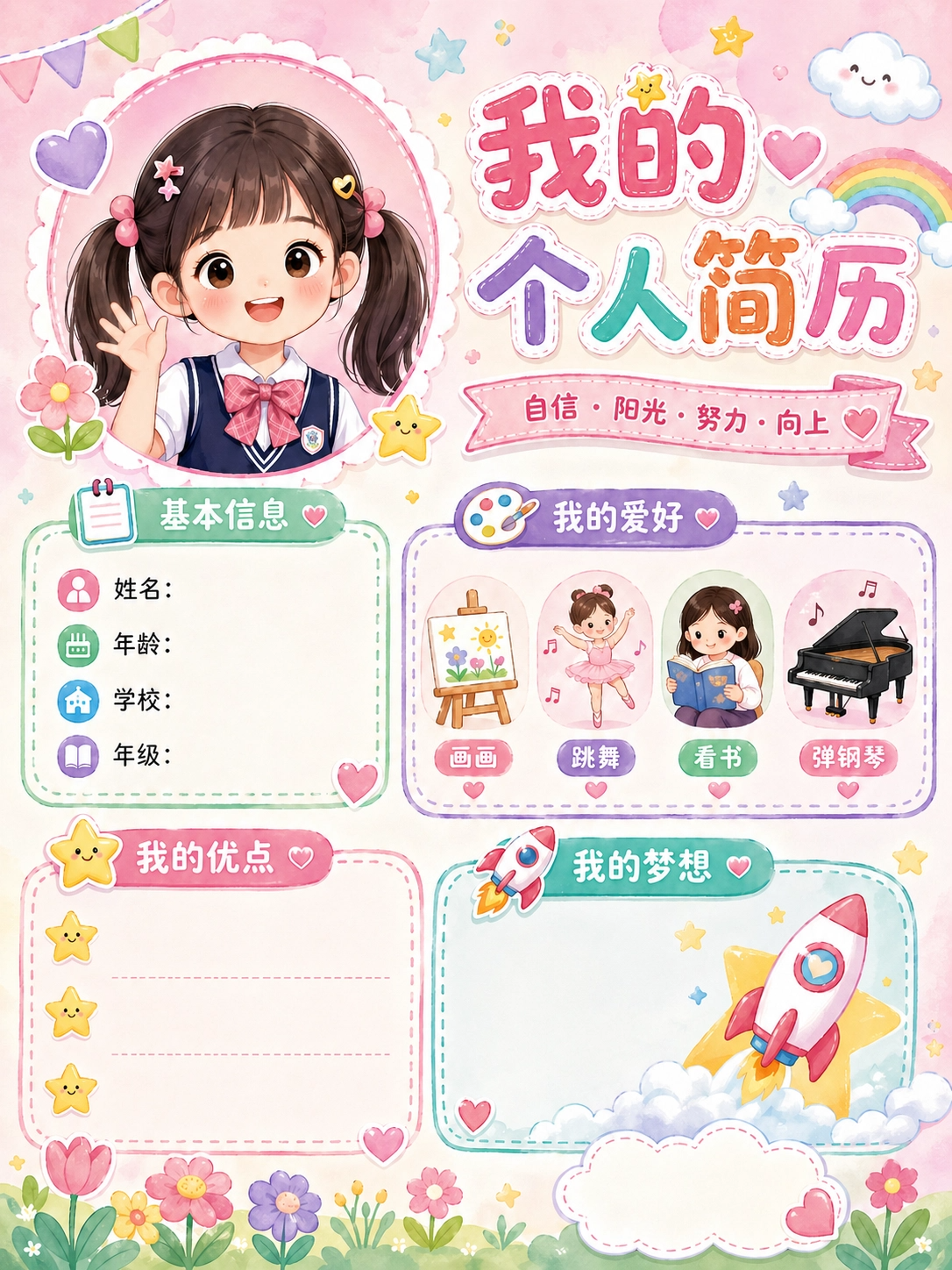 小学生「我的个人简历」手抄报|粉萌女孩风可直接套用模板