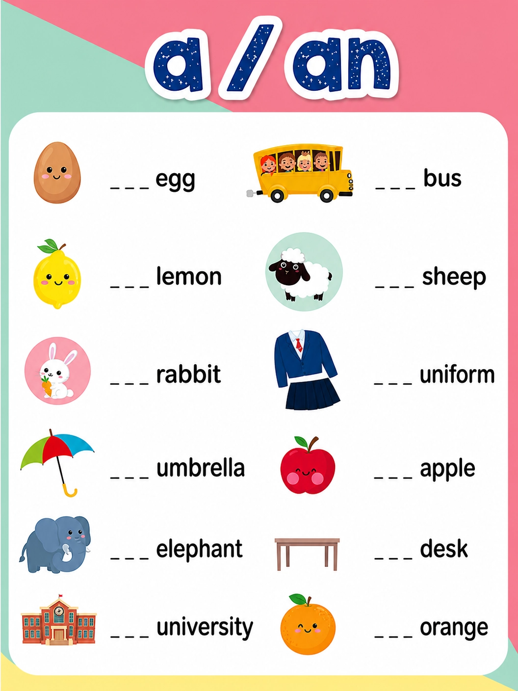 小学英语 a/an 冠词练习｜卡通图解可打印启蒙作业